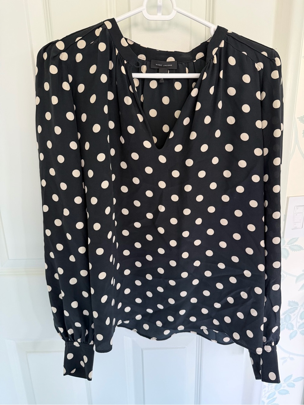 Marc Jacobs Black and Cream Polka Dot V-Neck Silk Blouse